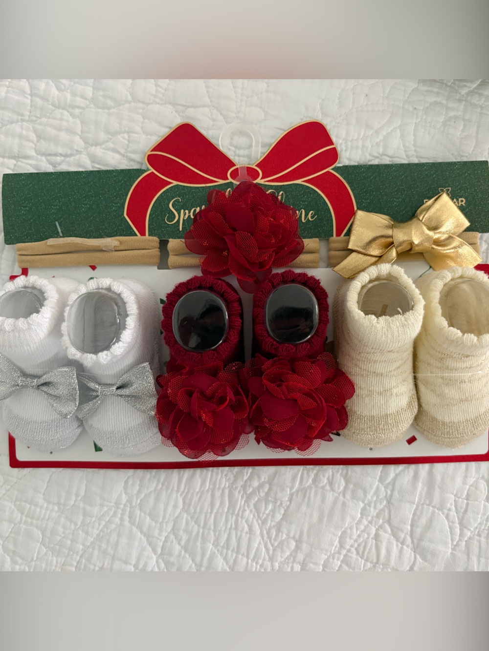 Holiday Baby Sock Set with Red Floral Booties and Metallic Accents